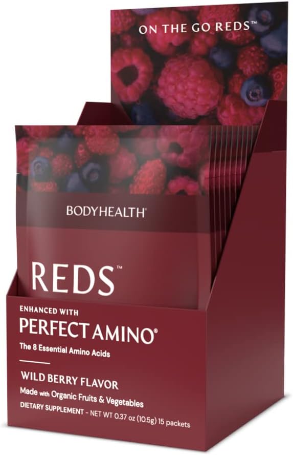 BodyHealth Perfect Reds (15 Packets) Organic Superfood Berry Powder Antioxidant Drink, Fruit Powder Mix for Smoothies with Fruit, Vegetables, Superfoods, Phytonutrients, Fiber and PerfectAmino Protein