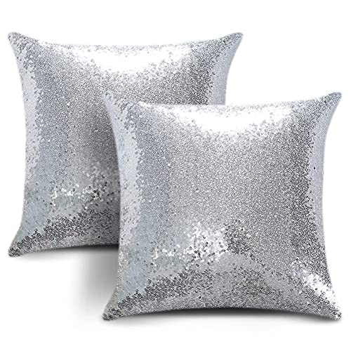 Image of JOTOM Sequins Cushion Covers Set of 2 Luxury Comfy Satin Sparkle Throw Pillow Case Solid Color Cushion Case Square Pillow Covers Home Decor for Couch Wedding Bed Living Room Party (Silver,45x45cm)