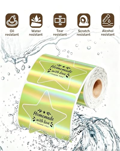 Image of Bluetooth Shipping Label Printer with 1 Roll Labels & 500 Sheets 3 Inch Golden Star Holographic Thermal Labels, Compatible with USPS, Tiktok, Amazon