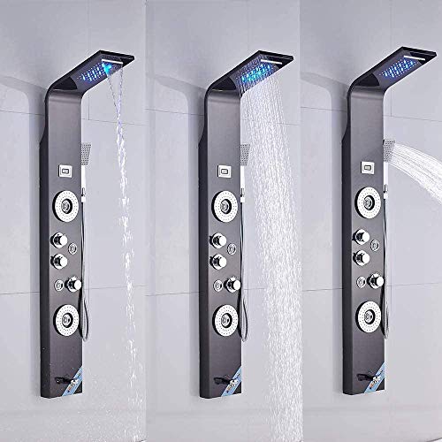 CAFIEDR Black LED Shower Panel Made of Stainless Steel with 3 Handle 4 Massage nozzles 5 Functions Shower System