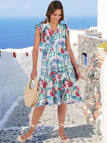 Image of ANRABESS Womens Summer Dress Ruffle Sleeve V Neck Midi Dresses Fashion Casual Fit Flowy Tiered Boho Beach Vacation Sundress