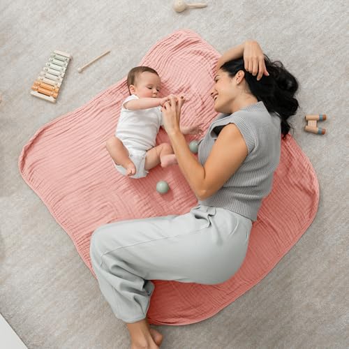 Image of Comfy Cubs Muslin Baby Blanket - Soft, Lightweight, 6-Layer Cotton Swaddle Blankets for Newborns, Infants & Toddlers - 40 inch x 40 inch Large, Breathable & Versatile for Sleeping & Tummy Time - Bold Blush