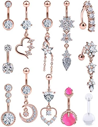 Vsnnsns 14G Belly Button Rings Belly Rings for Women Stainless Steel CZ Skull Belly Button Piercing Jewelry Belly Bars Curved Navel Ring Barbell Body Jewelry Piercing for Women Men Rose Gold 10MM