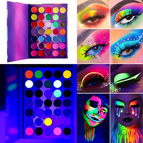Afflano Neon Eyeshadow Palette Colorful High Pigmented 35 Color,Blendable Bright Rainbow Eyeshadow Matte Shimmer Glitter,Aurora Glow In Dark Uv Blacklight Makeup Eye Shadow Pallet For Luminous Party #TOP6