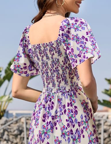 Image of Bridesmay Women's Floral Midi Dress Short Sleeve Summer Casual Dress Flowy Beach Wedding Guest Square Neck Sundress