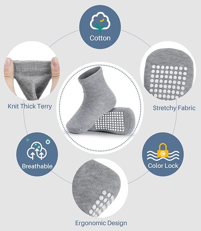JAKIDAR 12 Pack Baby Toddler Socks Non Slip Grip Cotton Crew Socks for Boys Girls Infants Kids - Image 4