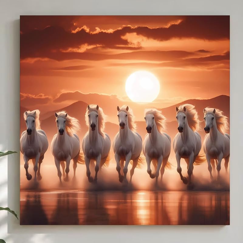 Image of PAINTINGMANTRA 7 White Running Horses Vastu Stretched Canvas Painting for Living Room, Seven Running Horses Canvas Wall Art Painting For Bed Room, Home & Office, 22x22 Inch