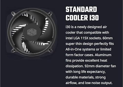 Cooler Master i30 CPU Cooler - 92mm Low Noise Cooling Fan & Heatsink (RH-I30-26FK-R1) - Intel Socket LGA 1150/1151/1155/1156 (i30) - 95mm x 95mm x 55mm - 3-Pin - Desktop Compatible