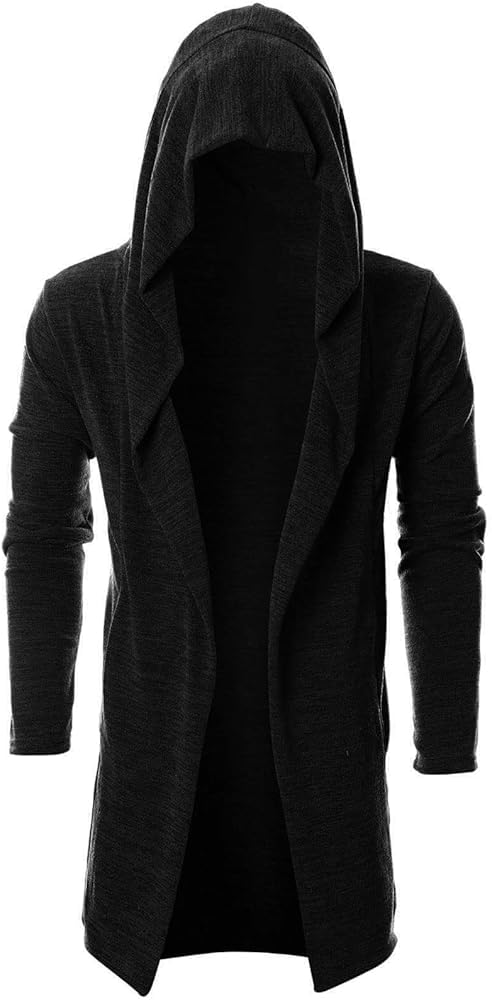 Mens Longline Hooded Cardigan with Ruffle Shawl Collar, Black Wool Blend Cape Overcoat, Open Front Drape Design, Winter Casual Streetwear