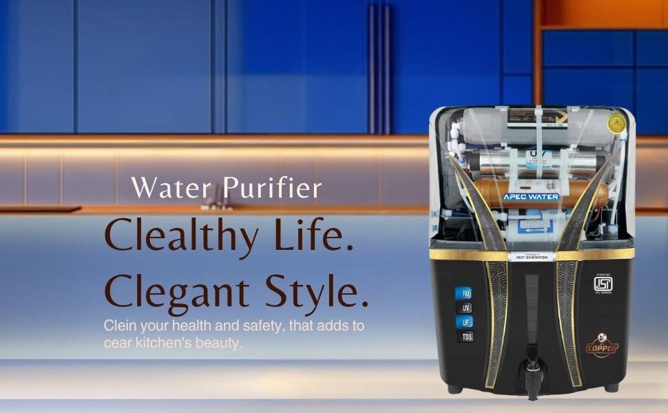 Image of Apec Water Copper Filter, RO Water Purifier with 10 Stage Purification Filtration, UV, UF, TDS Adjuster and 12 Liter Large Storage Tank Black 12L