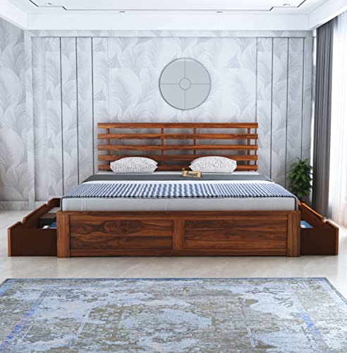 Image of Ganpati Arts Solid Sheesham Wood King Size Bed with 2 Drawers Storage for Bedroom Solid Wooden Double Bed Furniture for Home Hotel - (Honey Finish) 1 Year Warranty
