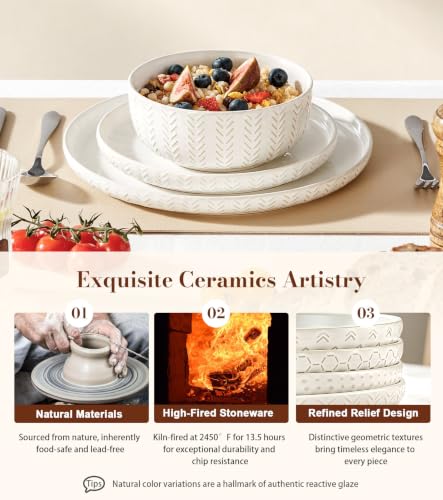 Image of Lareina 18 Piece Dinnerware Sets for 6, Farmhouse Style Stoneware Plates and Bowls Sets, Embossed Boho Ceramic Dish Set, Scratch Resistant & Dishwasher Safe, Vintage White