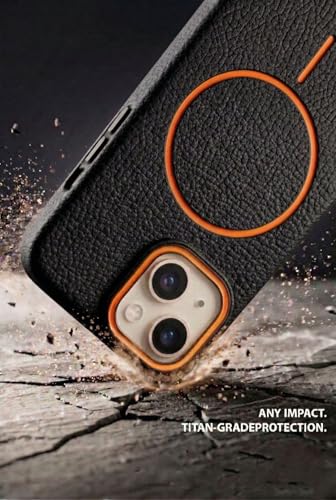 Image of amazon basics Luxury MagSafe Compatible Leather Texture Back Cover for iPhone 13 | Raised Camera Protection | Slim Fit Shockproof Case with Metallic Accents (Black)
