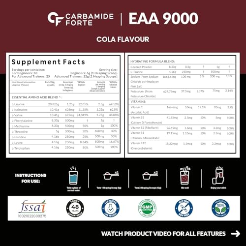 Image of Carbamide Forte Eaa Supplement For Men & Women With Hydration Blend & Vitamins | Eaa intra workout Supplement With Bcaa 5000Mg - Cola Flavour - 50 Servings - Powder 300G