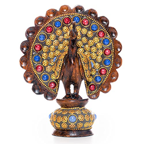Wooden Dancing Peacock Traditional Indian Rajasthani Home Decoration Table Décor Showpiece & Gifting (Brown Studded Peacock)