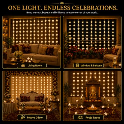 Image of Gesto Star Curtain Fairy Lights for Decoration - 80 Led String Lights with 8 Modes Changer | Warm White Decorative Lights for Home Decor, Room,Wall, Balcony, Christmas & Diwali Decoration- 10x3 Ft