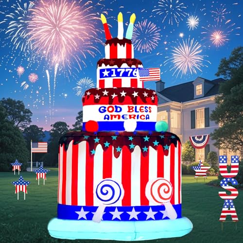 VYBEWAVE 7FT 4th of July Inflatable Outdoor Decorations God Bless America Cake with Built-in LED Lights Blow Up Yard Decoration Patriotic Independence Day Inflatables for Memorial Day Party Lawn Decor