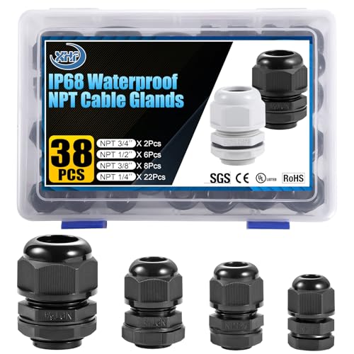Image of XHF IP68 Nylon Waterproof NPT Cable Glands Assortment 38pcs 1 /4 inch, 3 /8'', 1 /2'', 3 /4'' UL Listed and RoHS Cord Grip Compliant Cable Strain Relief Black