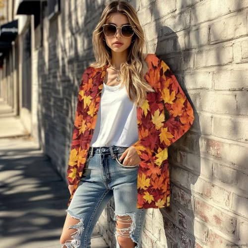 Image of Fall Maple Leaf Cardigan Sweaters for Women Long Sleeve Cardigan Soft Drape Open Front Dusters V-Neck Jackets Dressy