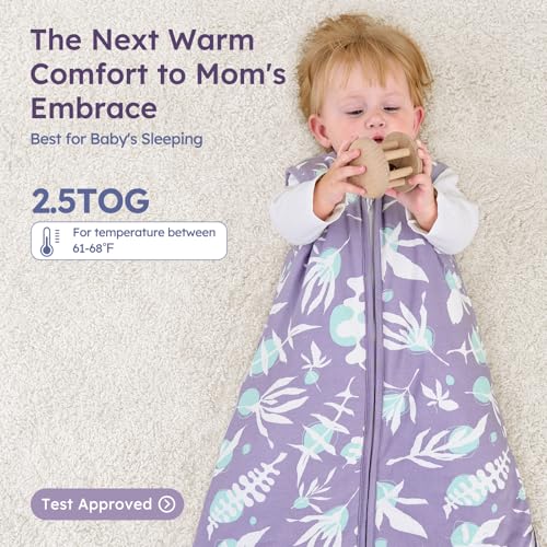 Image of Baby Sleep Sack 12-18 Months TOG 2.5 Winter Baby Wearable Blanket, 100% Cotton Toddler Sleeping Sack with 2-Way Zipper Warm Soft Purple Leaf