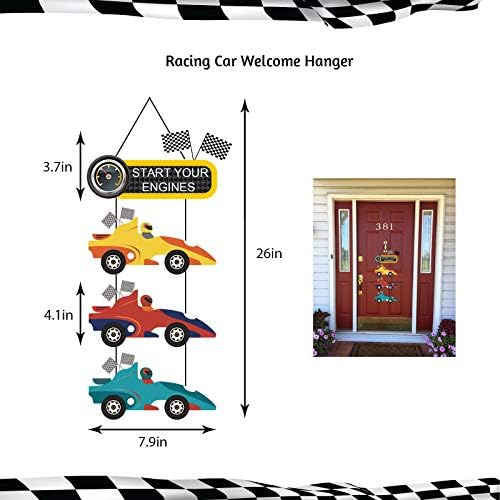 JOPARY Race Car Birthday Decorations for Kids Boys Let's go Racing Party Supplies With Banner, Welcome Hanger, Car Party Signs, Cake Topper and Checkered Balloons