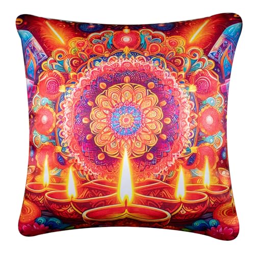 Image of Decorative Satin Sofa Cushion Pillow Covers for Sofa & Living Room Set of 5, 24 inch x 24 inch 5 piece, Ethnic, Diwali Peacock, Mandala Design, Zipper Closure (Utsav Glow, 24X24 Inches)