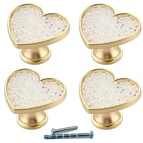 YOUYOUULU Lot de 4 boutons de tiroir en laiton doré en forme de cœur, en cristal blanc, poignées de placard et de commode en cuivre doré (cristal blanc)