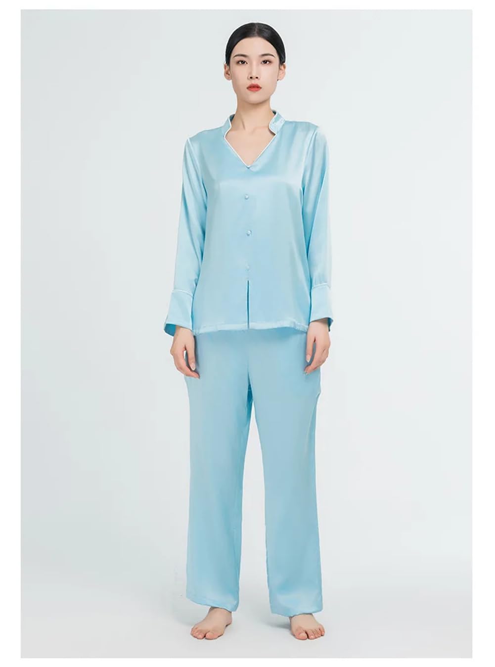 Conjunto de Pijama de Seda, Camisa de Manga Larga con Solapa Abotonada, Top y pantalón, Ropa de Estar por casa de Seda Morera (Rosa pequeño)