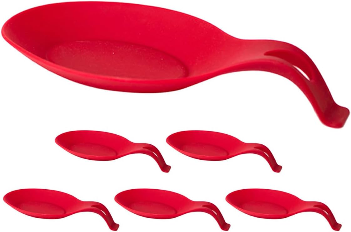 6pcs Red Silicone Spoon Holder Rest Pad High Temperature Resistant Non-slip Utensil Rest for Kitchen Countertop Cooking and Coffee Bar Use
