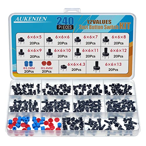 AUKENIEN 12 Valores Interruptor de Boton Momentaneo Tactil 240 piezas Pulsadores Electronica 6MM x 6MM 4 pins Micro Pulsador Táctil Momentáneo Botones Surtido Kit con tapa de Botón
