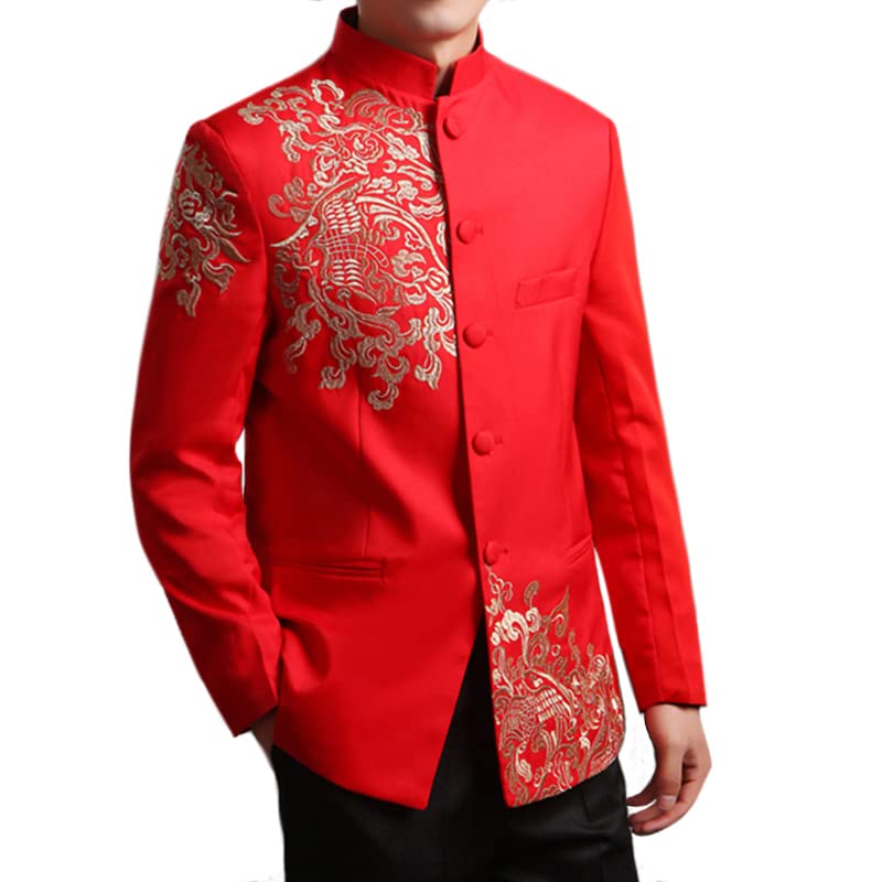 Aoleaky Chinese Style Wedding Jacket Men Embroidery Pattern Tang Tunic Suit Mandarin Stand Collar Red/White2