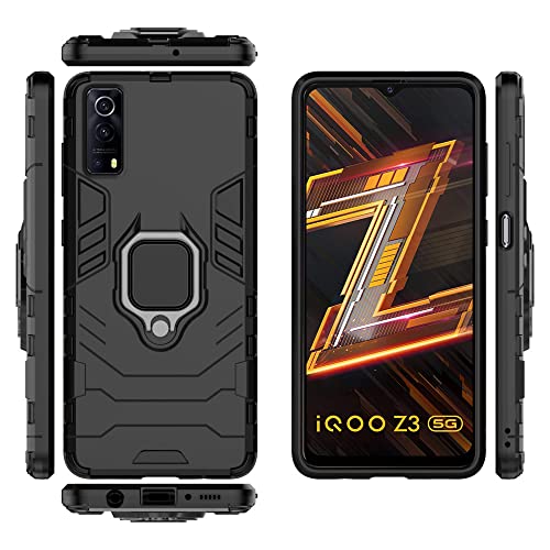 Image of Pikkme Polycarbonate Iqoo Z3 5G Back Cover D5 Tough Armor Bumper 360 Protection Case Ring Holder Stand Case for Iqoo Z3 5G (Black)