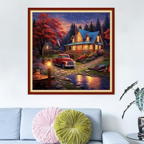 Image of Dimensean Stamped Cross Stitch Kits Full Range of Embroidery Patterns Starter Kits for Beginners Adult DIY Cross Stitches Needlepoint Kits 11CT-Night View of the Cabin 18x18 inch