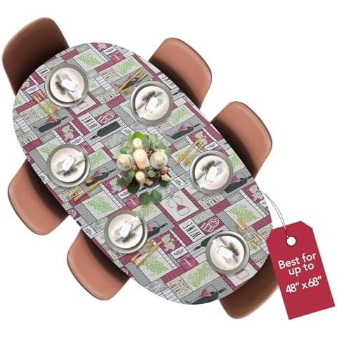 Covers For The Home Deluxe Elastic Edged Flannel Backed Vinyl Fitted Table Cover - Wine Party - Round Oblong Oval - Fits Tables up to 48" W x 68" L Cover