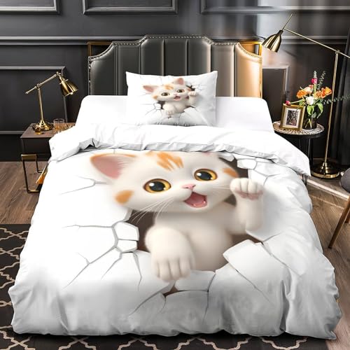 Housse de couette chat mignon 3D en microfibre douce sans repassage pour lit simple