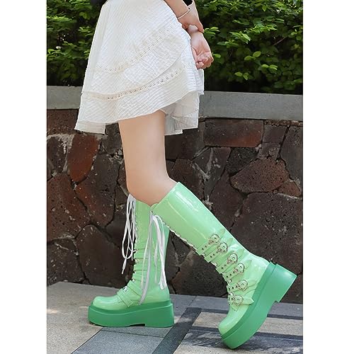 Image of Parisuit Women's Knee High Goth Platform Boots Lace Up Combat Boots | Chunky High Heel, Buckle Boots, Punk Chain Boots