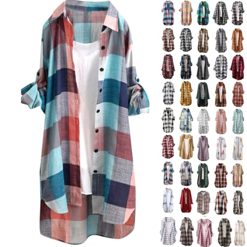 Bluse Damen Oversize Mit Taschen Karierter Blusen Verstellbare Ärmel Blusentops Obereteil Longbluse Langarm Mit Knopfleiste Trachtenbluse Hemdbluse...