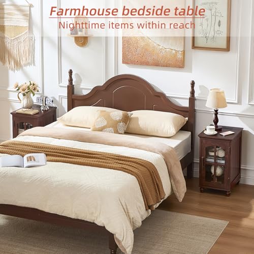 Narrow Side Table,Farmhouse Nightstand with Charging Station,Wood End Table with Glass Barn Door Storage, Cabinet Organizer with Adjustable Shelf, Night Stand for Small Spaces for Living Room Bedroom — view 3