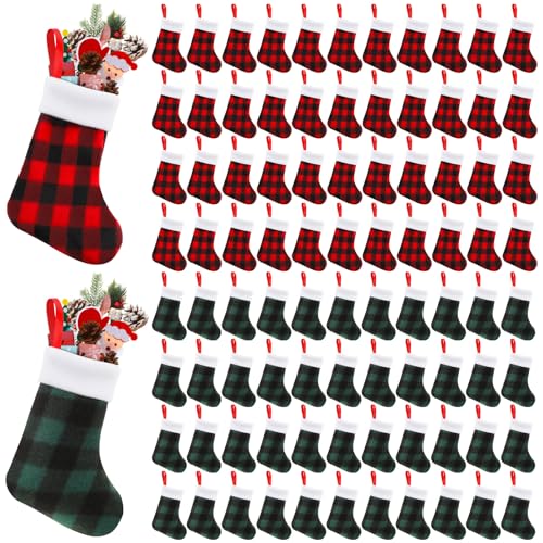 Image of BBTO Plush Cuff Christmas Mini Stockings Buffalo Plaid Hanging Stockings Xmas Stocking Socks Decoration Stocking Candy Holder Stocking Tableware Holders for Dinner Table (Red and Green,48 Pieces)