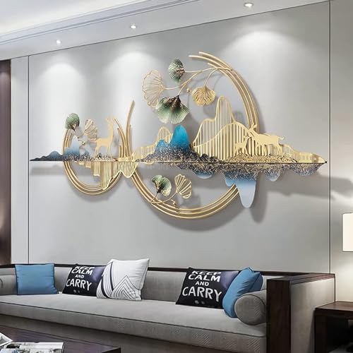 Image of F-RIQA METAL Large Golden Deer & Mountain Abstract Leaf Design Luxury Wall Hanging Decoration for Living Room, Bedroom, Hallway & Office (Asian) | 150 x 67 cm, 3D Abstract Leaf Design, Luxury Modern Nature Decor, For Living Room, Bedroom, Office