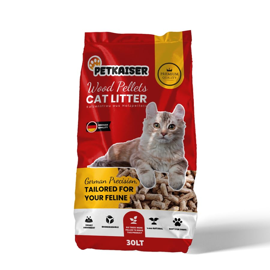 30 litros | Pellets de madera de alta calidad para gatos - PetKaiser - Arena para gatos con pellets de madera suave | Diseñado en Alemania para un control y absorción superiores de olores | Ecológico