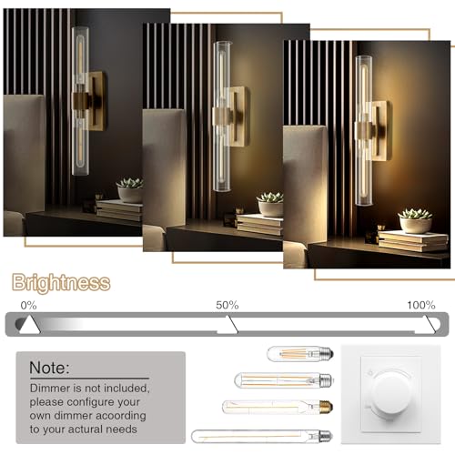 Image of YUYI Brass Wall Sconces Set of Two, 22.8'' Gold Bathroom Sconces Wall Decor with Clear Glass Shade, Indoor Vanity Wall Lights for Bathroom Living Room Bedroom Hallway Fireplace Staircase