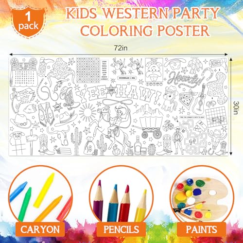 Image of Western Giant Coloring Poster for Kids 30x72 Inch, First Rodeo Large Coloring Poster Tablecloth, Cowboy Cowgirl Themed Color-in Activities Games for Kids School Classroom Home Birthday Party Decors