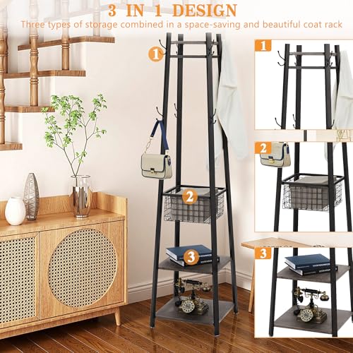 VECELO Coat Rack Freestanding,Hall Tree with Metal Basket and Storage Shelves,Industrial Coat Rack Stand with 8 Hooks for Hanging Coats/Hats/Bags/Umbrellas,18 x 18 x 72 In,Antique Brown by VECELO - Image 4