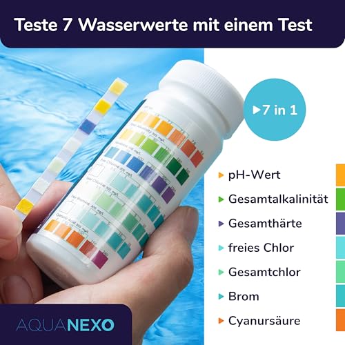 AQUANEXO 100 Pool Teststreifen 7-in-1 für pH, Chlor, Brom, Alkalinität, CYA & Gesamthärte, Pooltester für Schwimmbadsäur