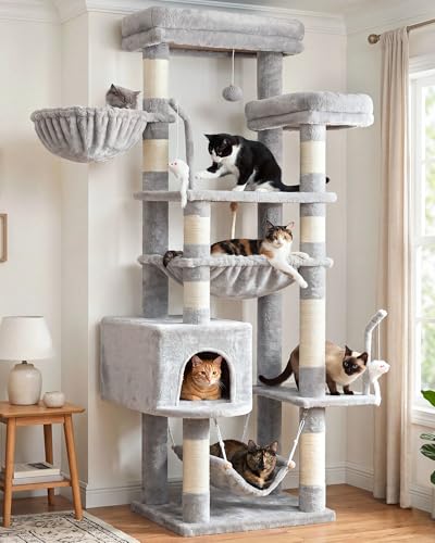 Gitelsnour Cat tree Cat tower for large cats with 2 big platforms 2 baskets condo and toys 63 Cat scratching posts for indoor cats Light gray GCT020W