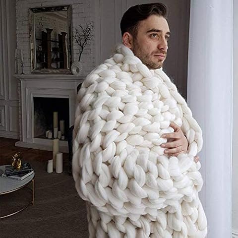 clootess Chunky Knit Blanket Merino Wool Hand Made Throw Boho Bedroom Home Decor Giant Yarn (Ivory White 80x80) Cover