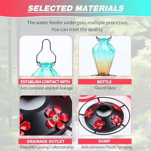 Image of 2 Pack Glass Hummingbird Feeder for Outdoors Hanging, 25Oz Humming Bird Nectar Feeder, Perch, 5 Flower Feeding Ports, Leak Proof Base, Hook for Outside Garden Backyard, Diamond Green