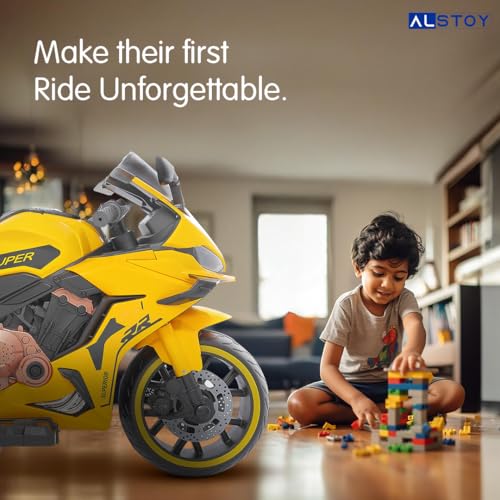 Image of Alstoy Kids RR Toy Bike with Rechargeable 12v Battery Operated Electric Ride-on Bike for Kids | BIS /ISI aproved | 6 Months All Electric Warranty | 5 to 12 Years | Large | Yellow