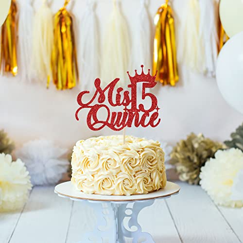 Mis Quince 15 Cake Topper, Mis Quince Años Decorations, 15Th Birthday Cake Topper, Happy 15Th Birthday Decorations Red Glitter #TOP4